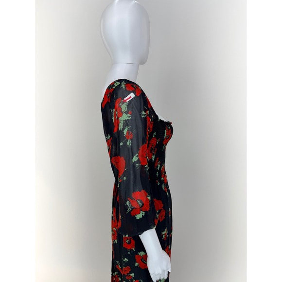 RIXO Yas Dress Black Red Floral Print Square Neck Long Sleeve Tiered Midi Dress - Picture 5 of 11